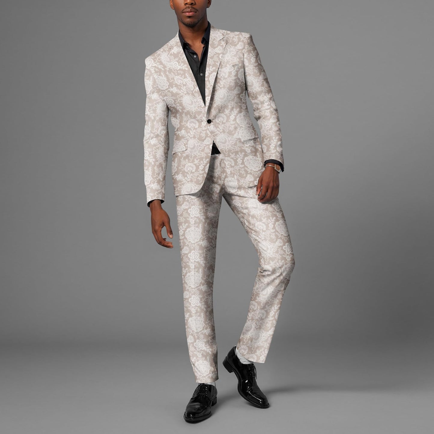 BYBNOLL Men’s Suit 2 Pieces Tuxedo Suit Set Notch Lapel Pattern Printing Jacket Pants for Party Wedding Prom Beige