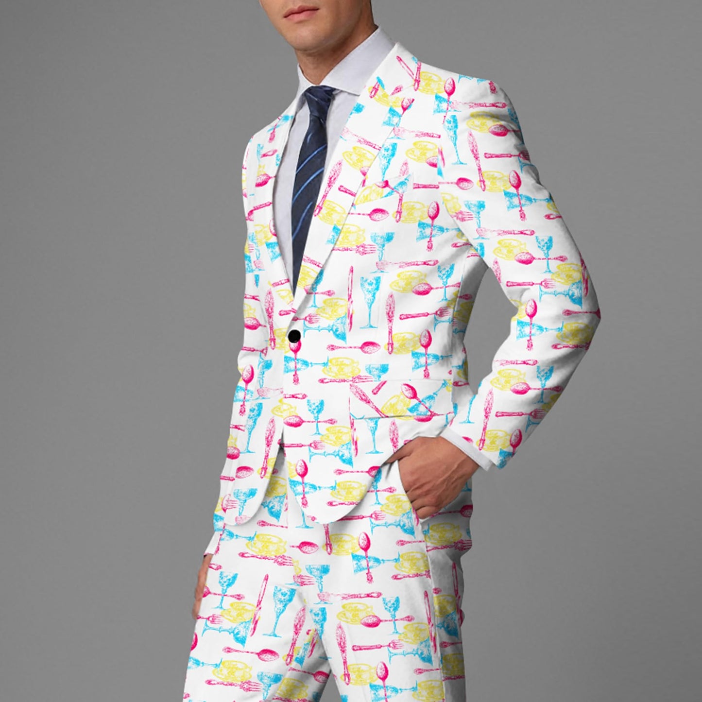 BYBNOLL Men's Blazer One Button Slim Fit Notched Lapel Print Sport Coat Suit Blazer Jacket White Yellow