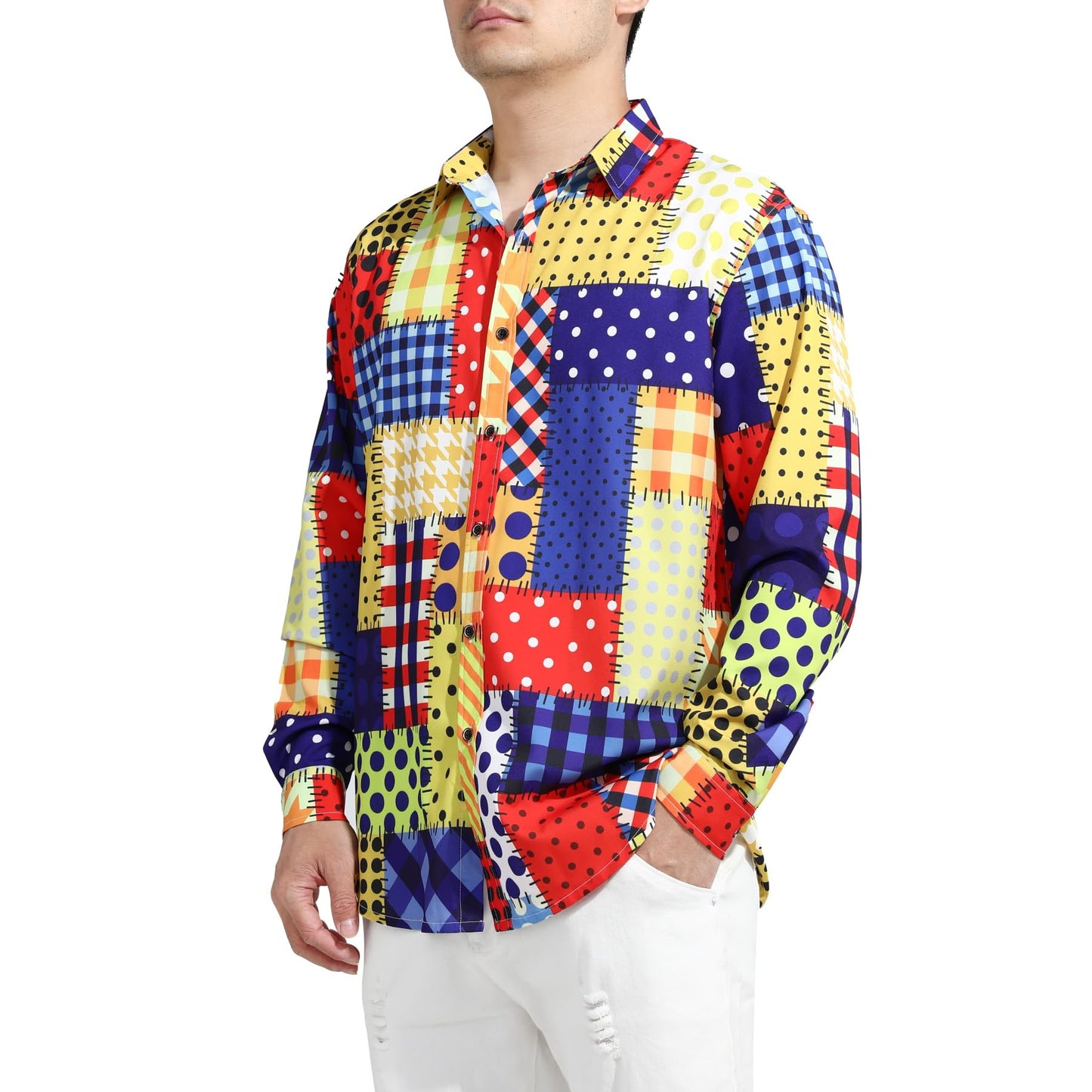 BYBNOLL Men's Casual Shirt Printed Long Sleeve Lapel Trendy Formal Business Comfortable Skin-Friendly Button Down Shirt