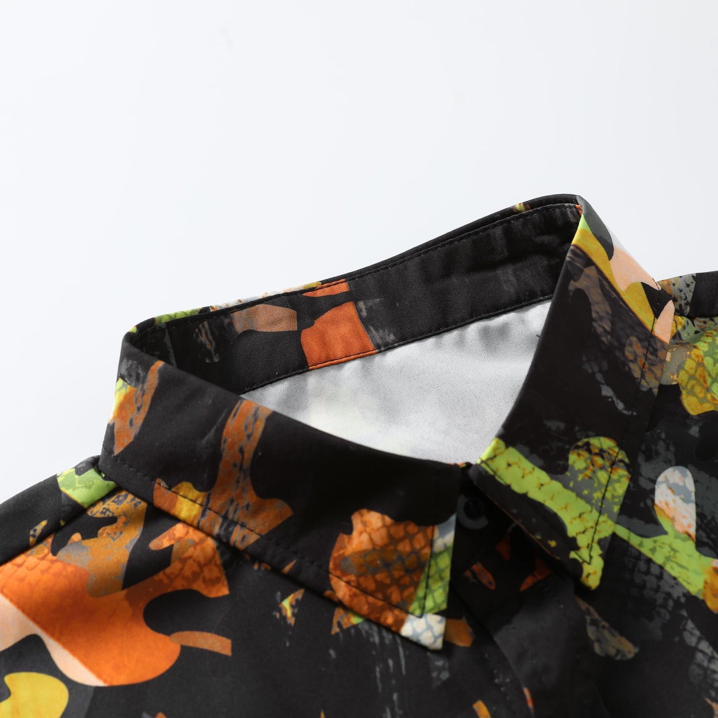 BYBNOLL Men's Casual Shirt Printed Long Sleeve Lapel Trendy Formal Business Comfortable Skin-Friendly Button Down Shirt Black Orange