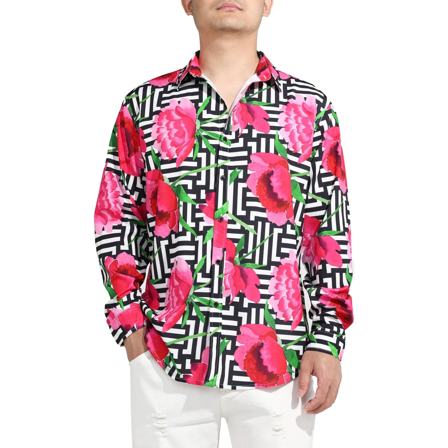 BYBNOLL Men's Casual Shirt Printed Long Sleeve Lapel Trendy Formal Business Comfortable Skin-Friendly Button Down Shirt Black Pink