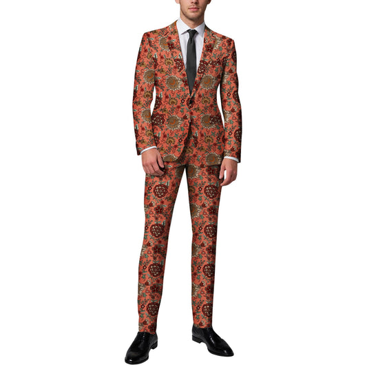 BYBNOLL Men’s Suit 2 Pieces Tuxedo Suit Set Notch Lapel Pattern Printing Jacket Pants for Party Wedding Prom Orange