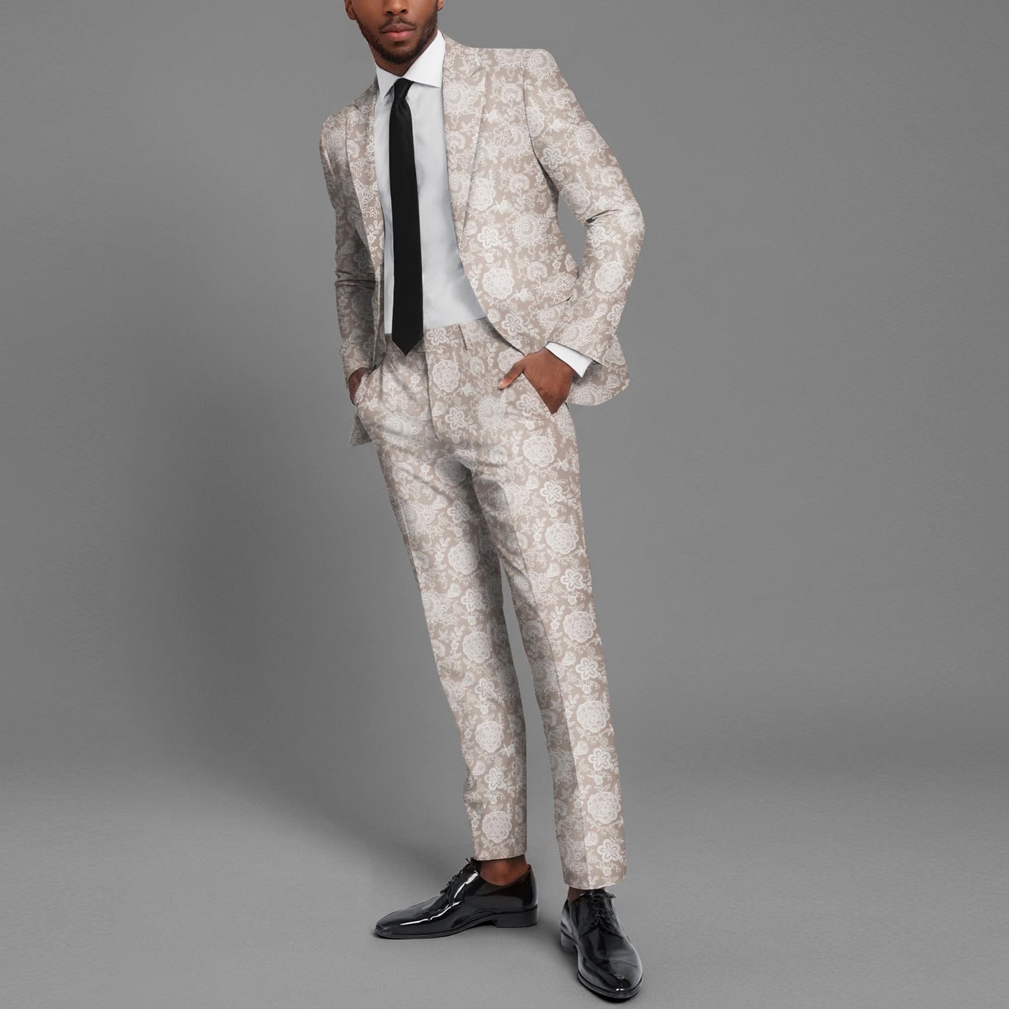 BYBNOLL Men’s Suit 2 Pieces Tuxedo Suit Set Notch Lapel Pattern Printing Jacket Pants for Party Wedding Prom Beige