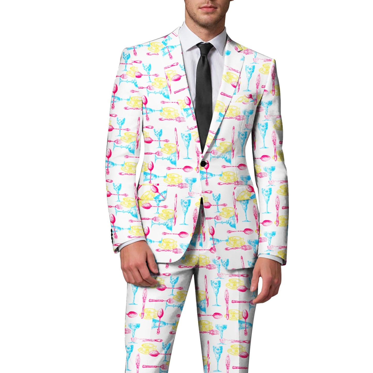 BYBNOLL Men's Blazer One Button Slim Fit Notched Lapel Print Sport Coat Suit Blazer Jacket White Yellow