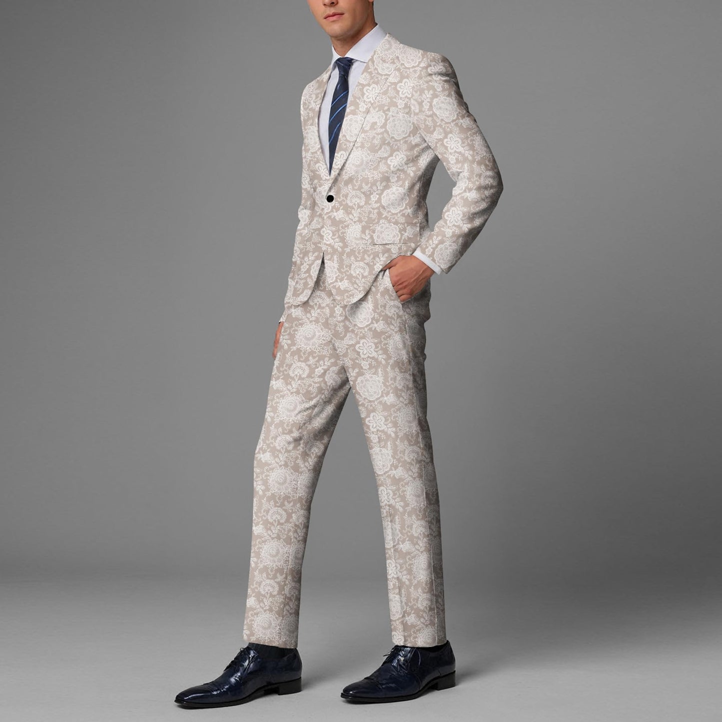 BYBNOLL Men’s Suit 2 Pieces Tuxedo Suit Set Notch Lapel Pattern Printing Jacket Pants for Party Wedding Prom Beige