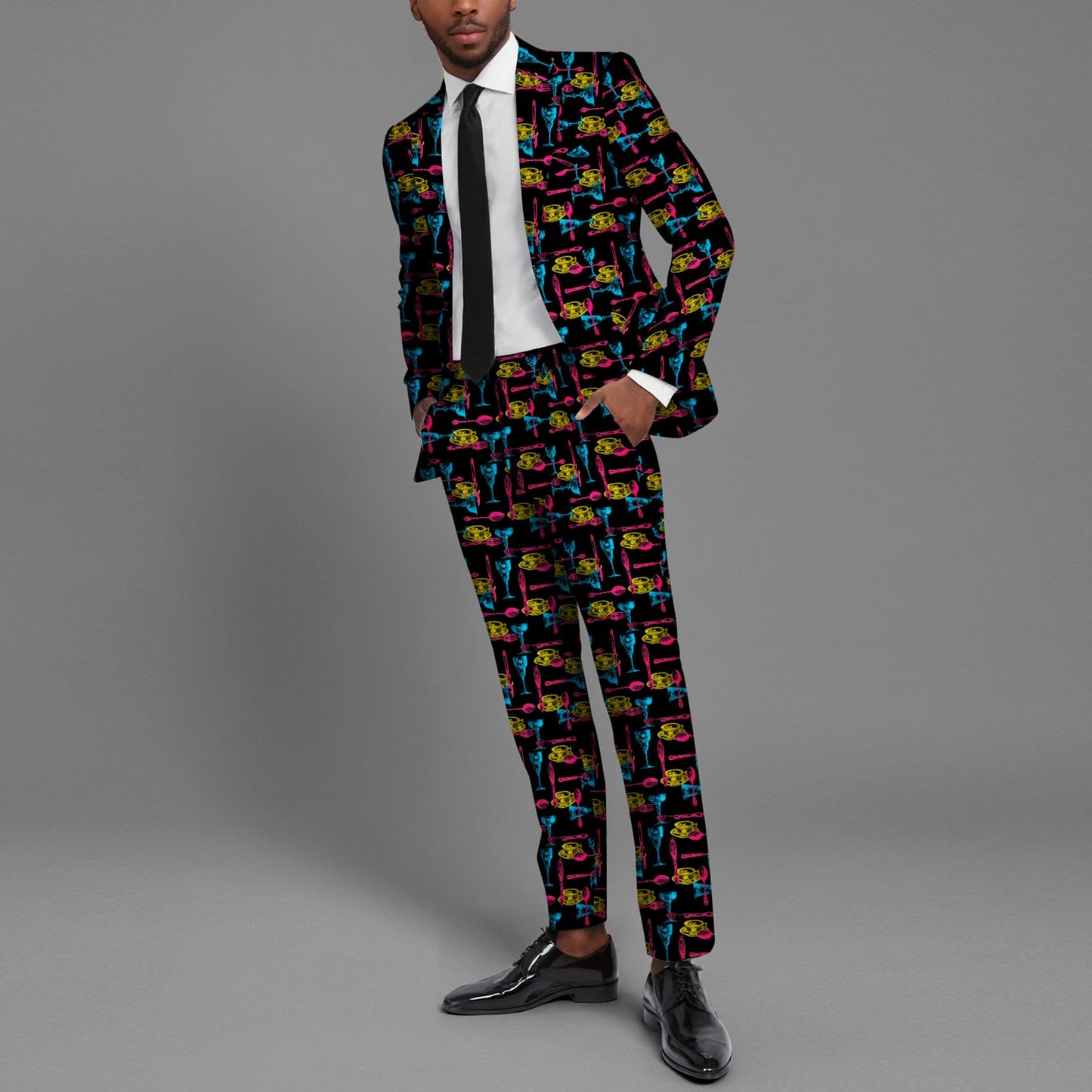 BYBNOLL Men’s Suit 2 Pieces Tuxedo Suit Set Notch Lapel Pattern Printing Jacket Pants for Party Wedding Prom Black Yellow