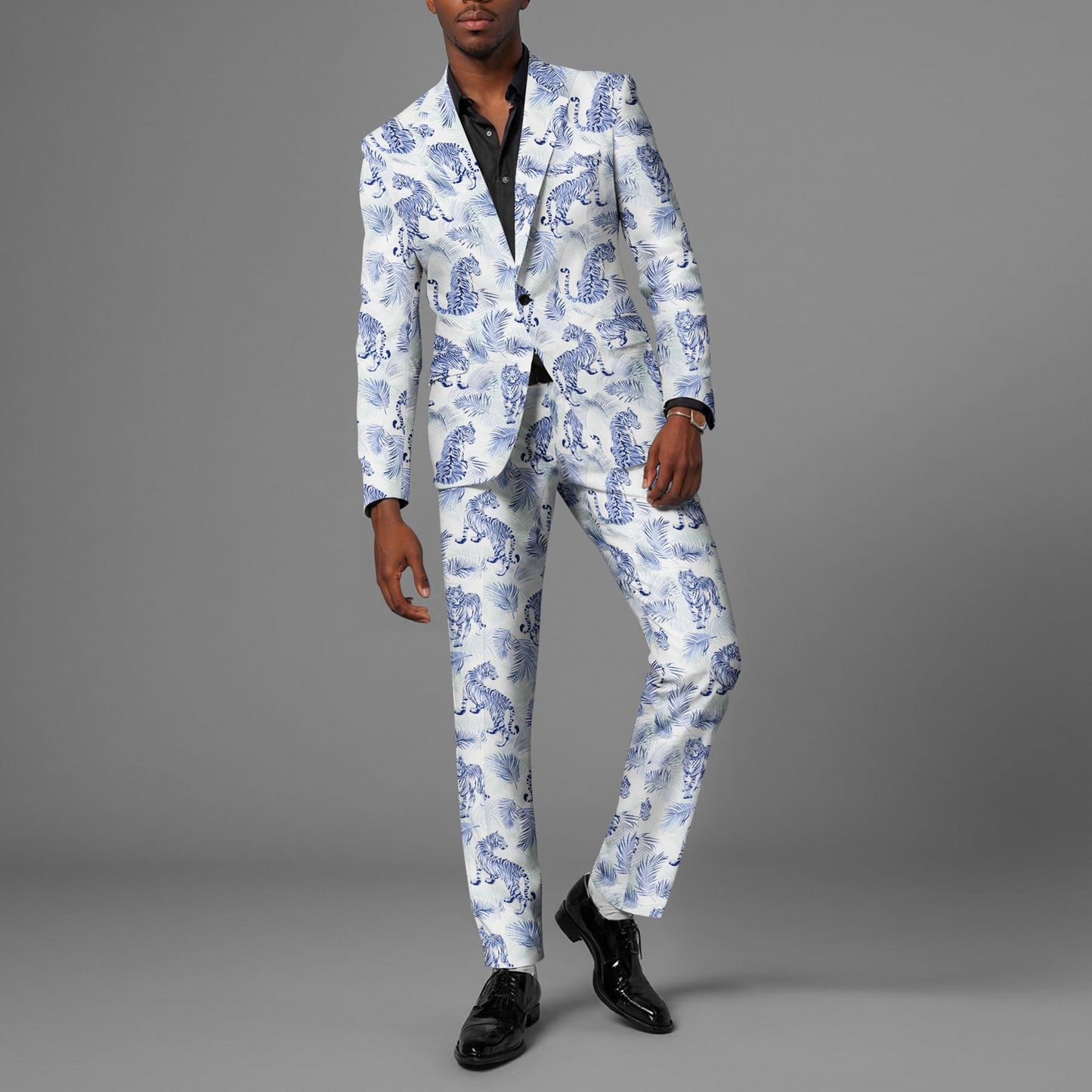 BYBNOLL Men’s 2 Pieces Suit Pattern Printing Tuxedo Suit Set Notch Lapel Jacket Pants for Party Wedding Prom Blue White