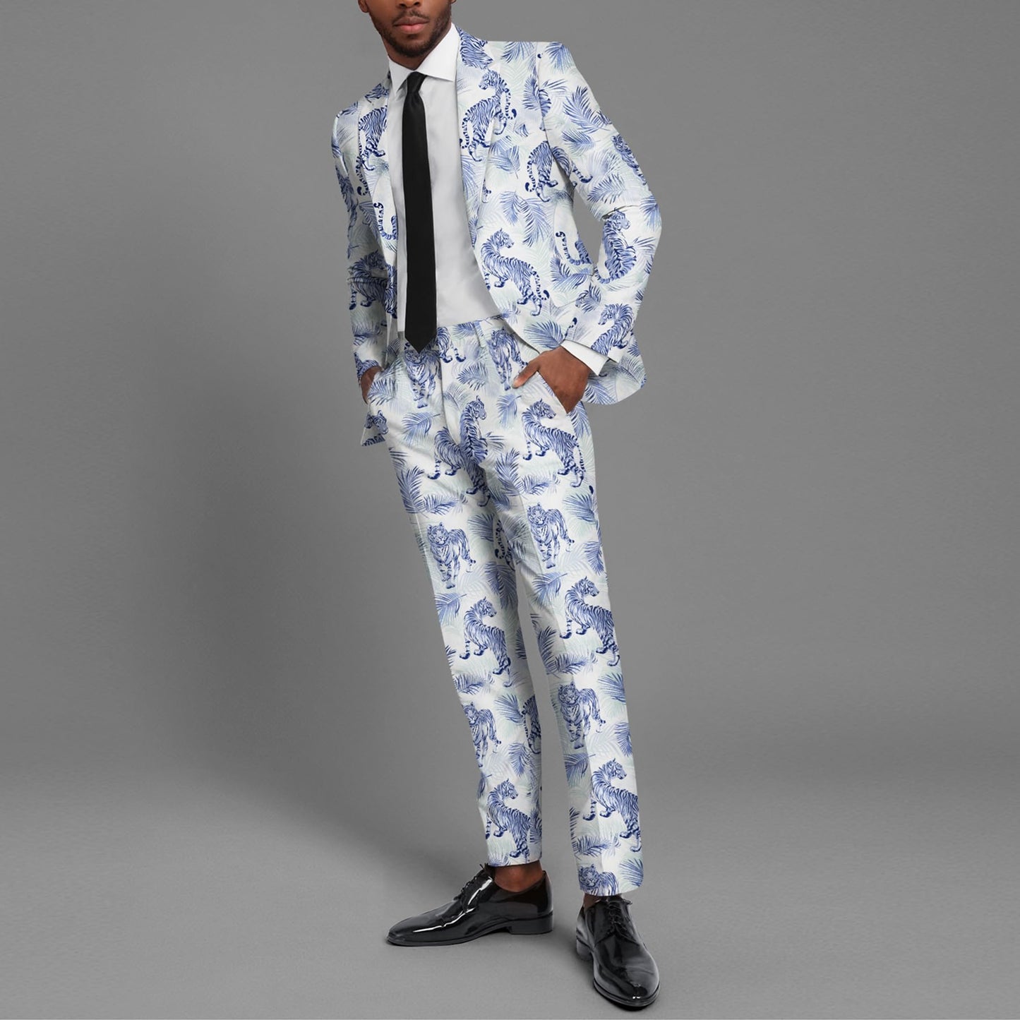 BYBNOLL Men’s 2 Pieces Suit Pattern Printing Tuxedo Suit Set Notch Lapel Jacket Pants for Party Wedding Prom Blue White