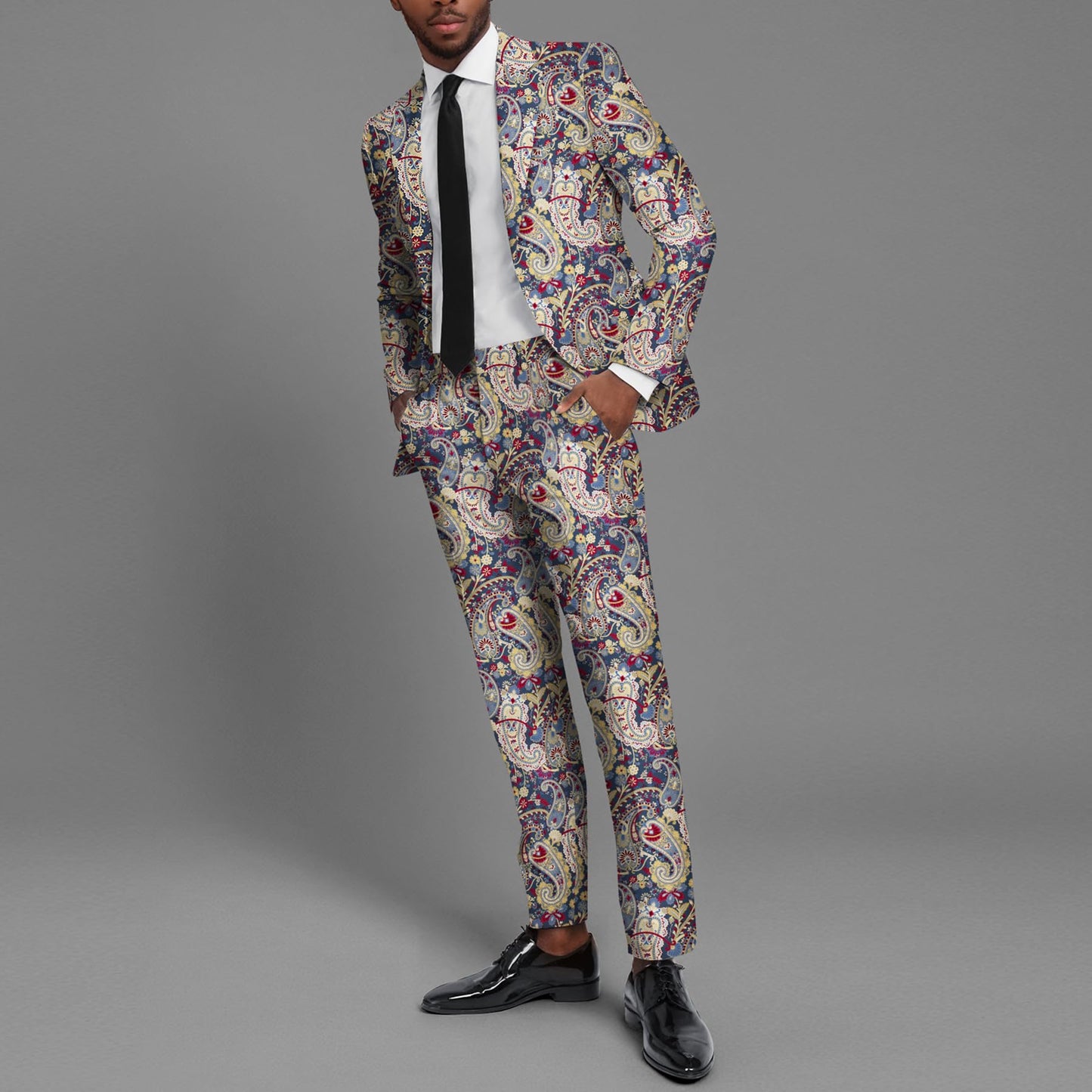 BYBNOLL Men’s 2 Pieces Suit Pattern Printing Tuxedo Suit Set Notch Lapel Jacket Pants for Party Wedding Prom Blue Red