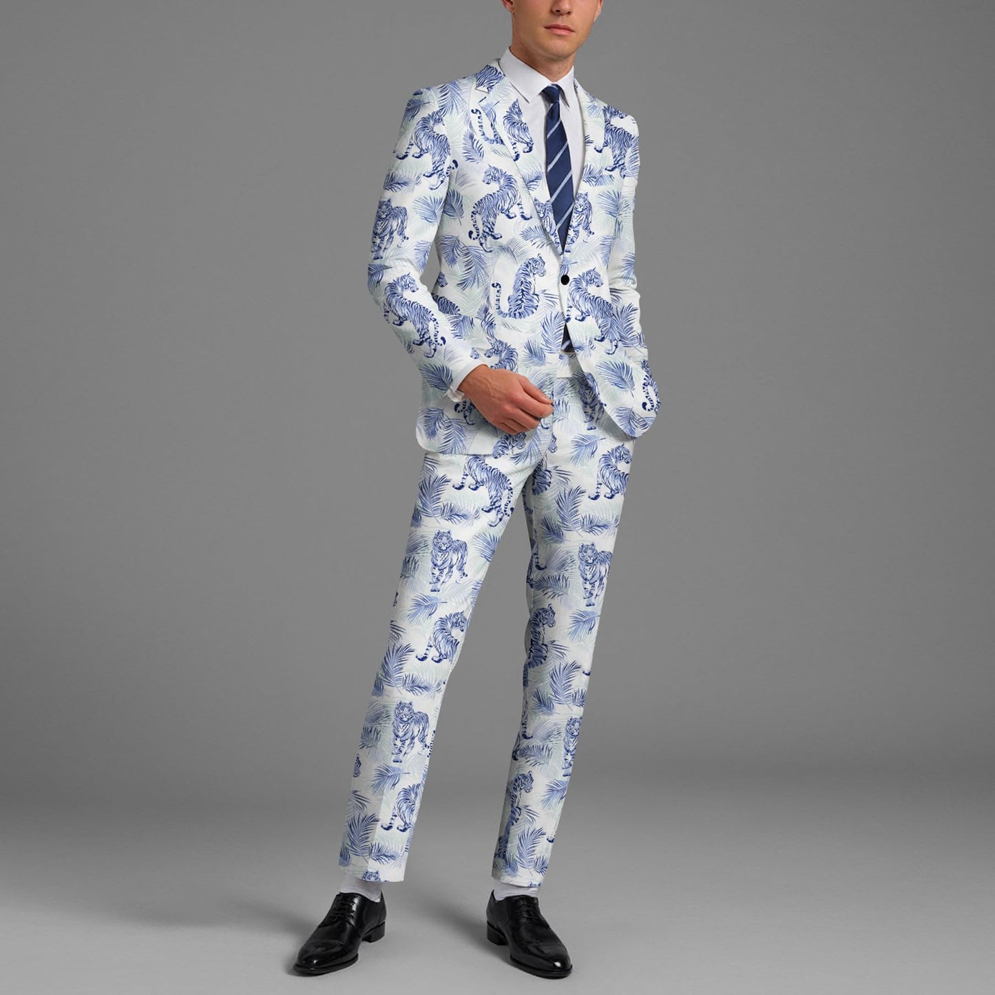 BYBNOLL Men’s 2 Pieces Suit Pattern Printing Tuxedo Suit Set Notch Lapel Jacket Pants for Party Wedding Prom Blue White
