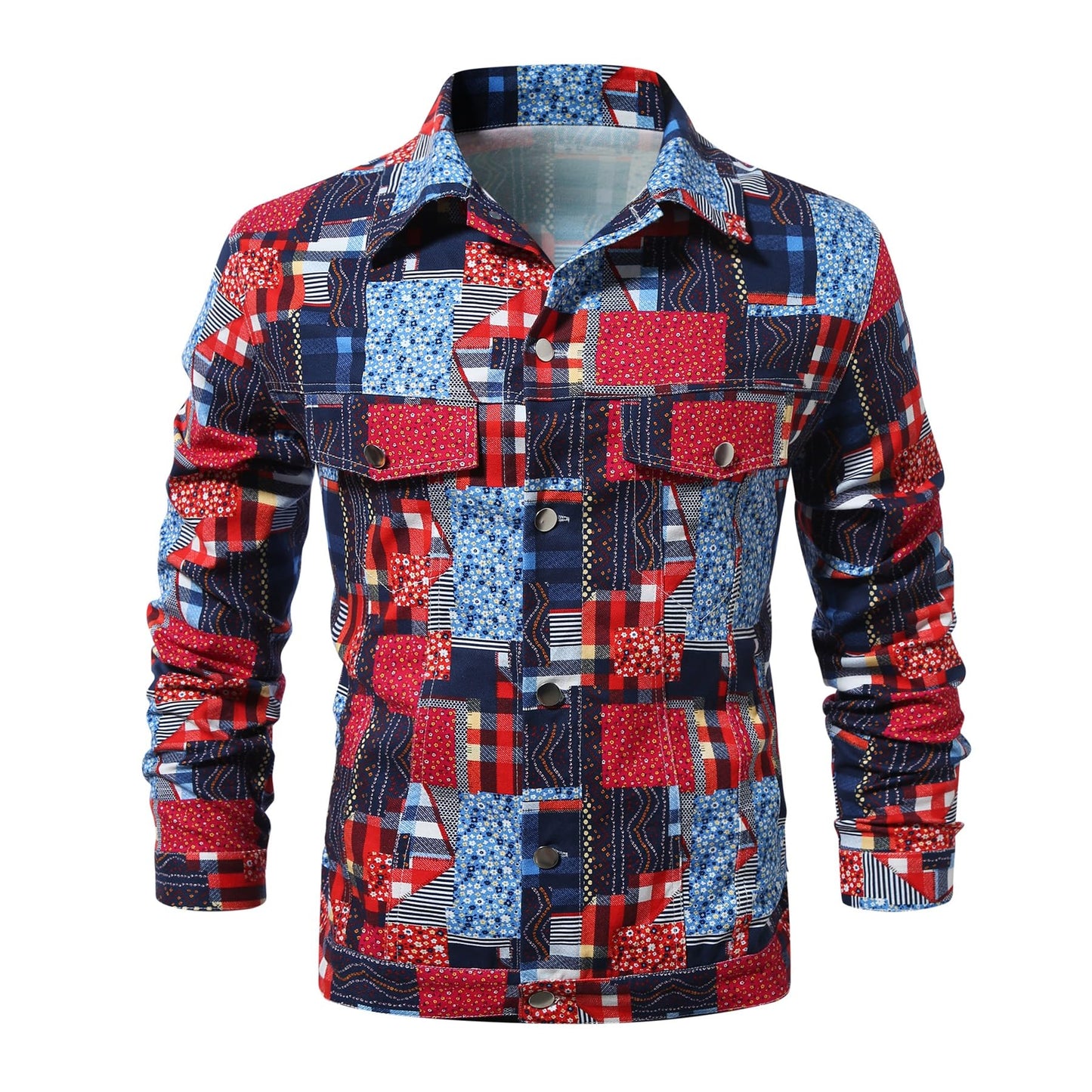BYBNOLL Mens Denim Jacket Long Sleeve Western Cowboy Cut Classic Floral Print Button Down Jean Jacket