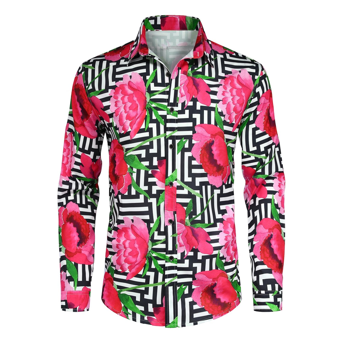 BYBNOLL Men's Casual Shirt Printed Long Sleeve Lapel Trendy Formal Business Comfortable Skin-Friendly Button Down Shirt Black Pink
