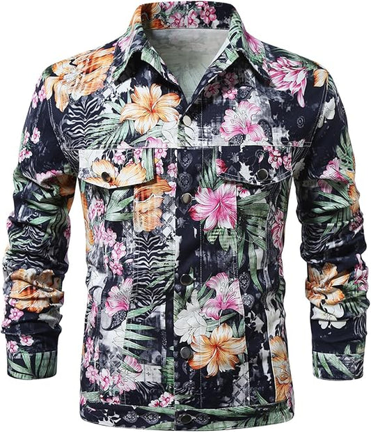 Mens Denim Jacket Long Sleeve Western Cowboy Cut Classic Floral Print Button Down Jean Jacket Black Orange
