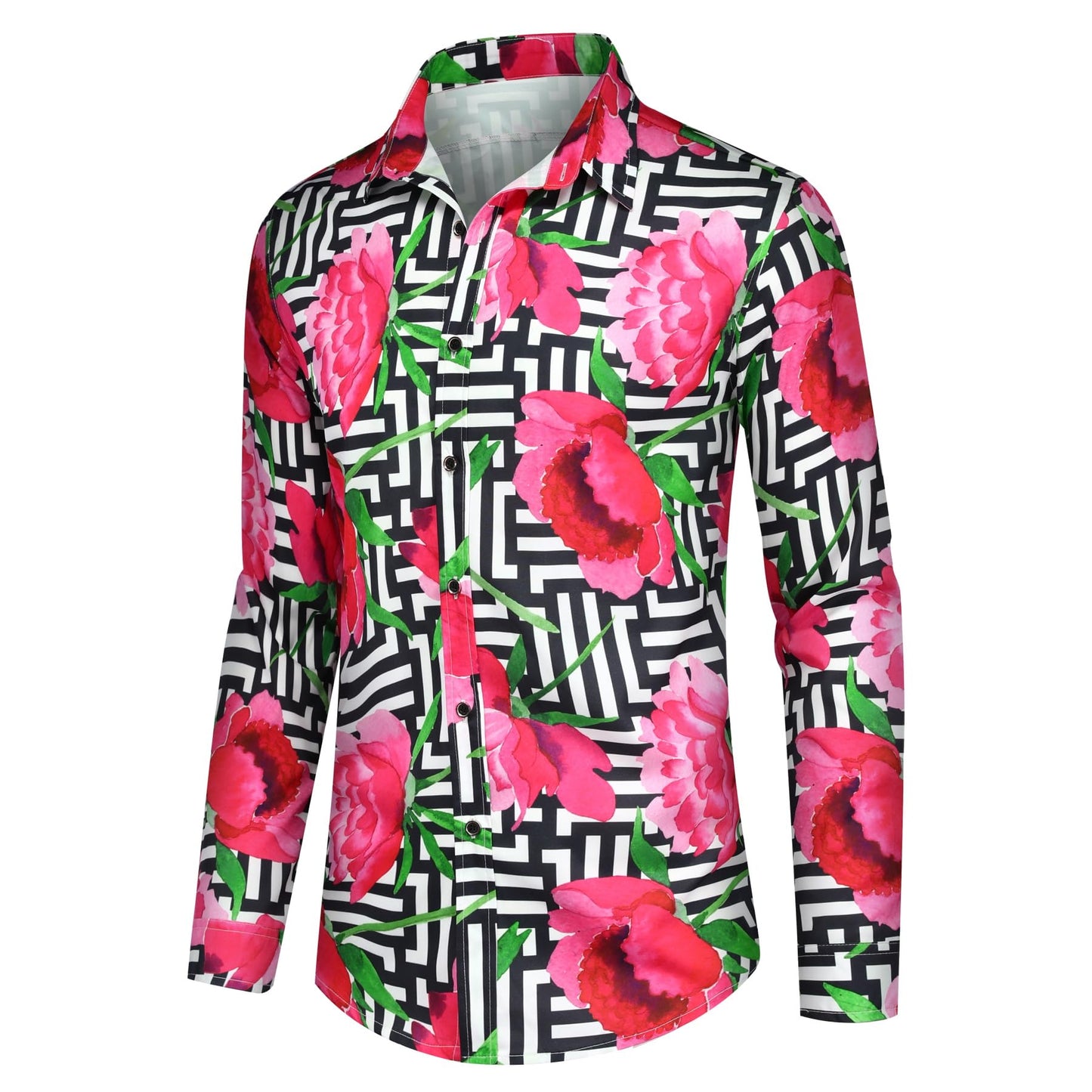 BYBNOLL Men's Casual Shirt Printed Long Sleeve Lapel Trendy Formal Business Comfortable Skin-Friendly Button Down Shirt Black Pink