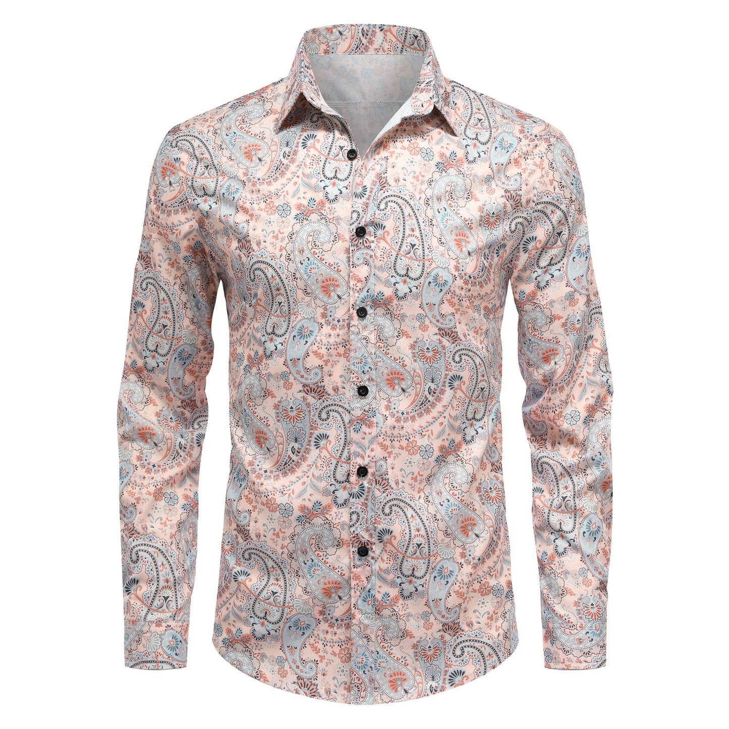 BYBNOLL Men's Casual Shirt Printed Long Sleeve Lapel Trendy Formal Business Comfortable Skin-Friendly Button Down Shirt Orange Gray