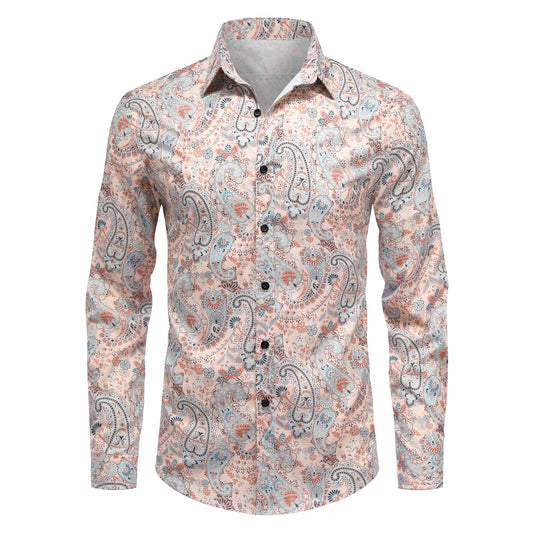 BYBNOLL Men's Casual Shirt Printed Long Sleeve Lapel Trendy Formal Business Comfortable Skin-Friendly Button Down Shirt Orange Gray