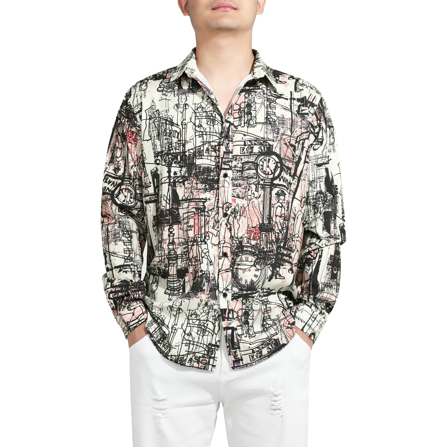 BYBNOLL Men's Casual Shirt Printed Long Sleeve Lapel Trendy Formal Business Comfortable Skin-Friendly Button Down Shirt Black White