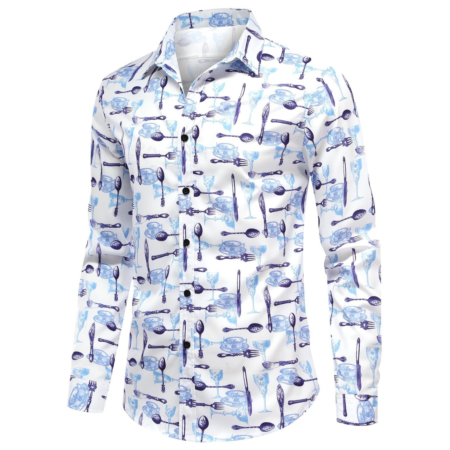 BYBNOLL Men's Casual Shirt Printed Long Sleeve Lapel Trendy Formal Business Comfortable Skin-Friendly Button Down Shirt