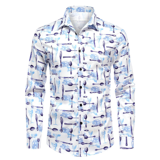 BYBNOLL Men's Casual Shirt Printed Long Sleeve Lapel Trendy Formal Business Comfortable Skin-Friendly Button Down Shirt