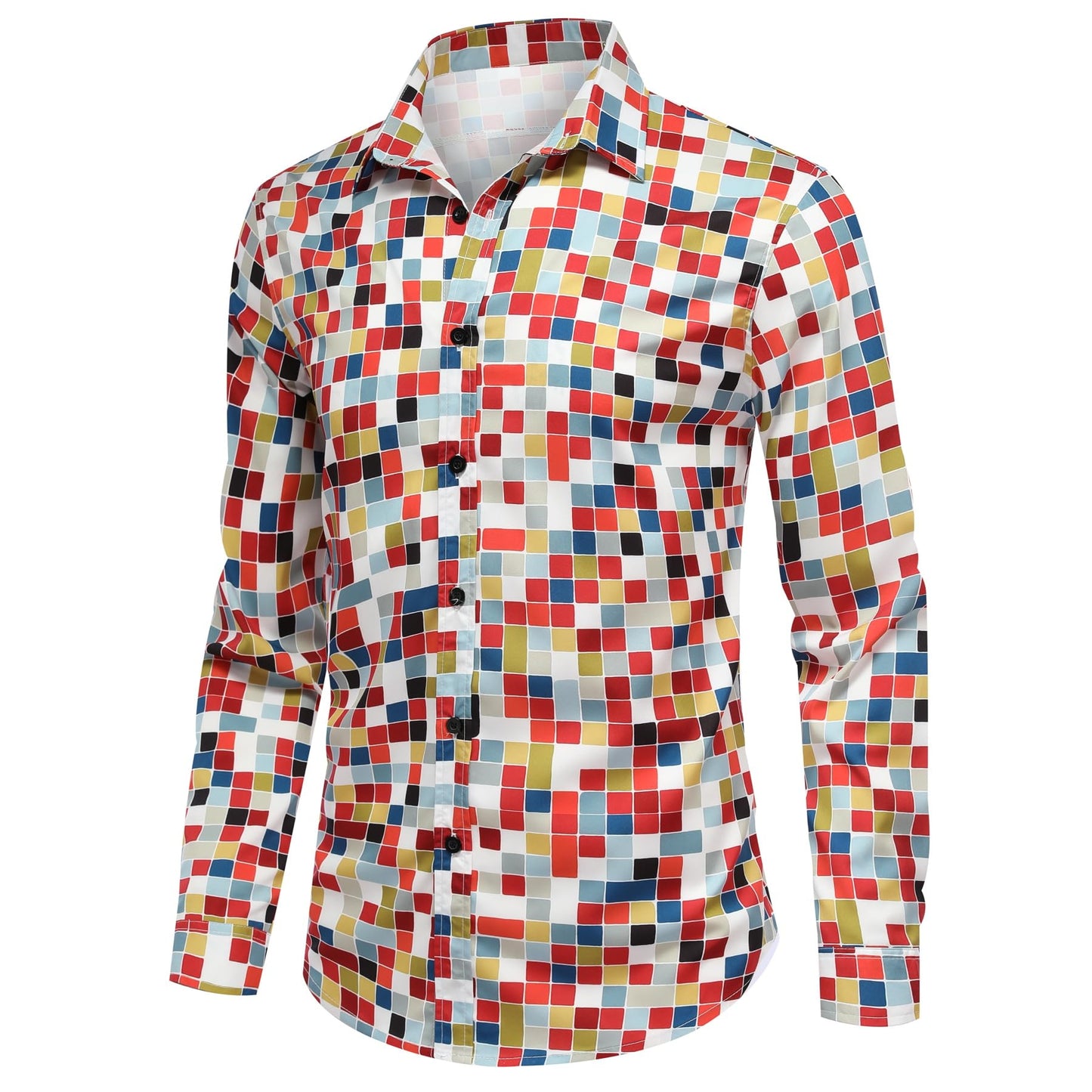 BYBNOLL Men's Casual Shirt Printed Long Sleeve Lapel Trendy Formal Business Comfortable Skin-Friendly Button Down Shirt Red White