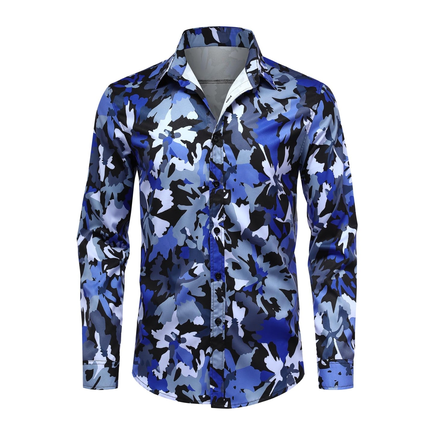 BYBNOLL Men's Casual Shirt Printed Long Sleeve Lapel Trendy Formal Business Comfortable Skin-Friendly Button Down Shirt Light Blue