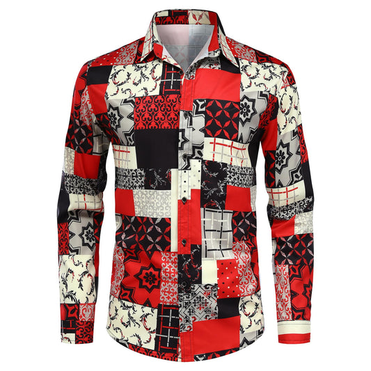 BYBNOLL Men's Casual Shirt Printed Long Sleeve Lapel Trendy Formal Business Comfortable Skin-Friendly Button Down Shirt Red Plaid