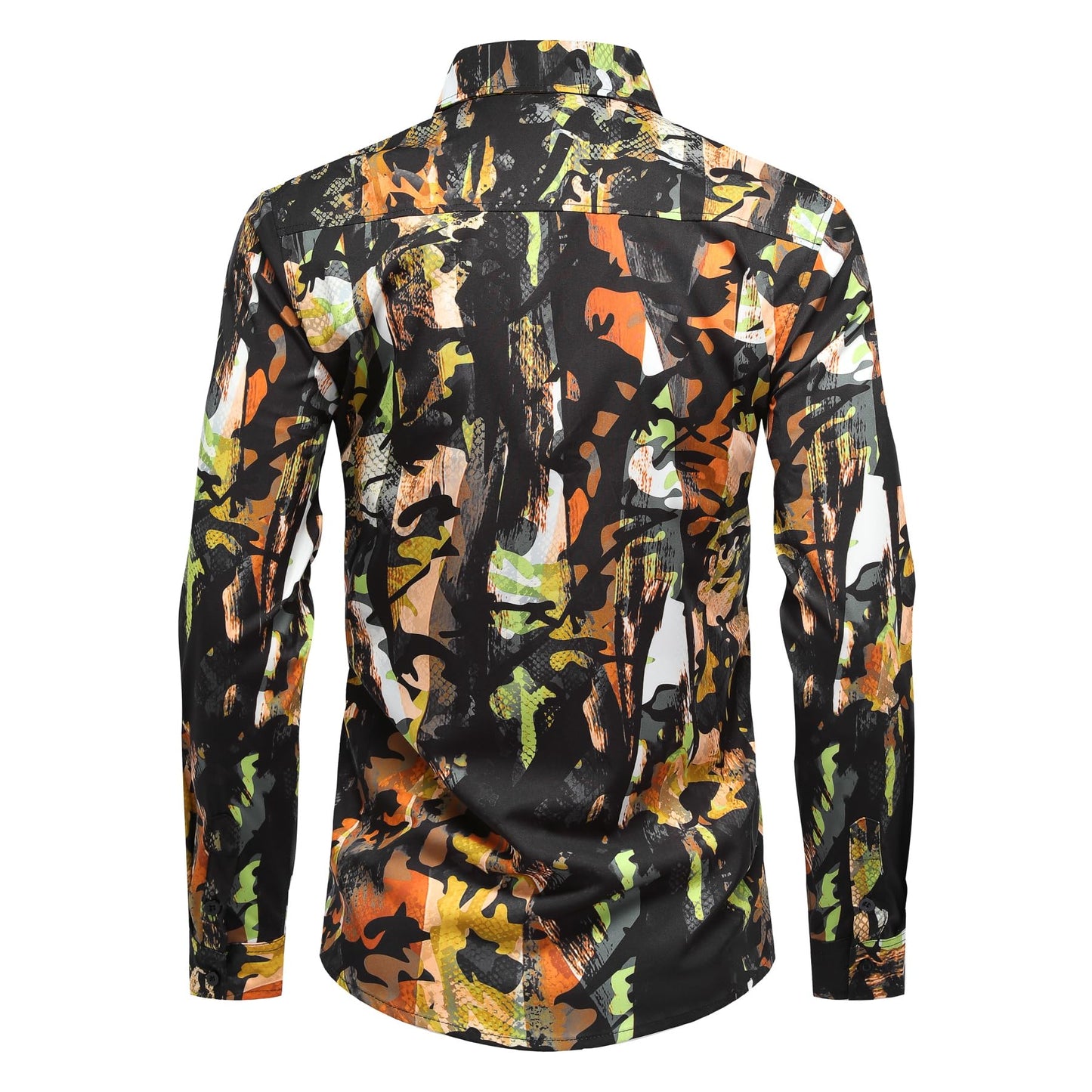 BYBNOLL Men's Casual Shirt Printed Long Sleeve Lapel Trendy Formal Business Comfortable Skin-Friendly Button Down Shirt Black Orange