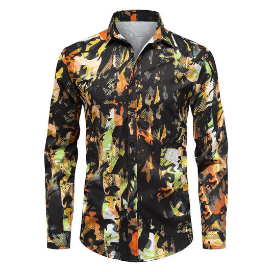 BYBNOLL Men's Casual Shirt Printed Long Sleeve Lapel Trendy Formal Business Comfortable Skin-Friendly Button Down Shirt Black Orange
