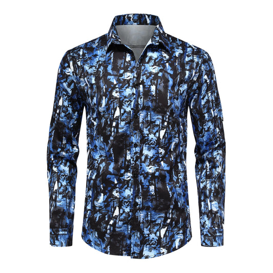 BYBNOLL Men's Casual Shirt Printed Long Sleeve Lapel Trendy Formal Business Comfortable Skin-Friendly Button Down Shirt Black Blue