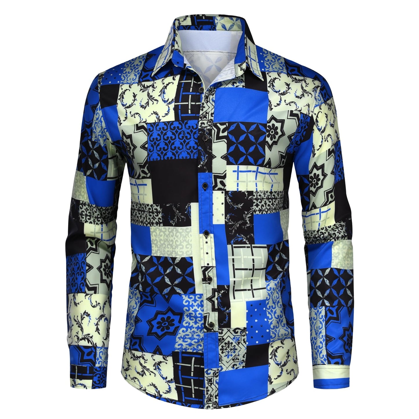 BYBNOLL Men's Casual Shirt Printed Long Sleeve Lapel Trendy Formal Business Comfortable Skin-Friendly Button Down Shirt Blue Plaid