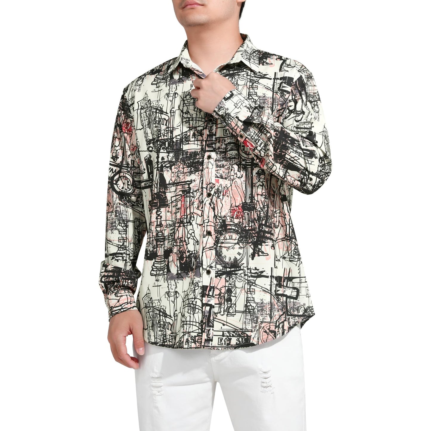 BYBNOLL Men's Casual Shirt Printed Long Sleeve Lapel Trendy Formal Business Comfortable Skin-Friendly Button Down Shirt Black White