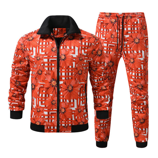 BYBNOLL Mens Tracksuit 2 Piece Set Full Zip Floral Print Casual Sport Sweatsuit Sets with Pockets