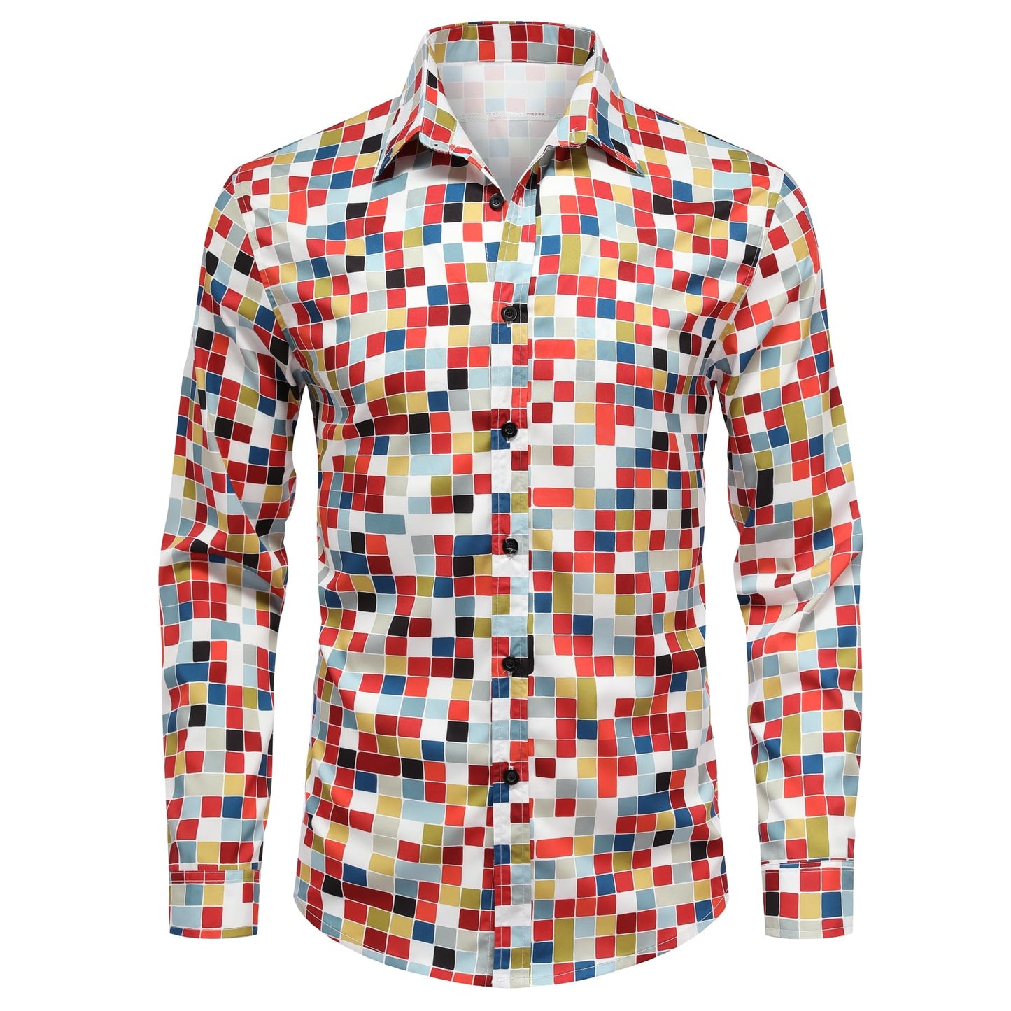 BYBNOLL Men's Casual Shirt Printed Long Sleeve Lapel Trendy Formal Business Comfortable Skin-Friendly Button Down Shirt Red White