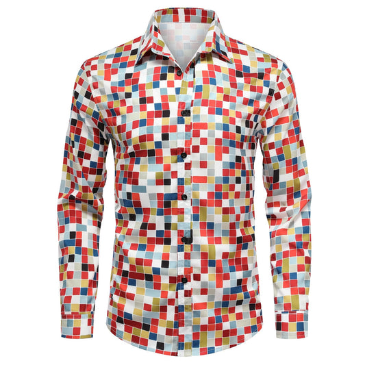 BYBNOLL Men's Casual Shirt Printed Long Sleeve Lapel Trendy Formal Business Comfortable Skin-Friendly Button Down Shirt Red White