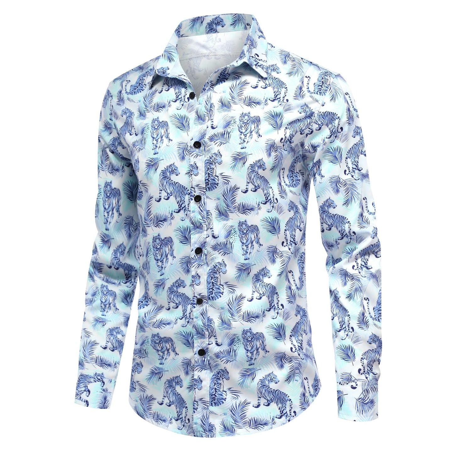 BYBNOLL Men's Casual Shirt Printed Long Sleeve Lapel Trendy Formal Business Comfortable Skin-Friendly Button Down Shirt White