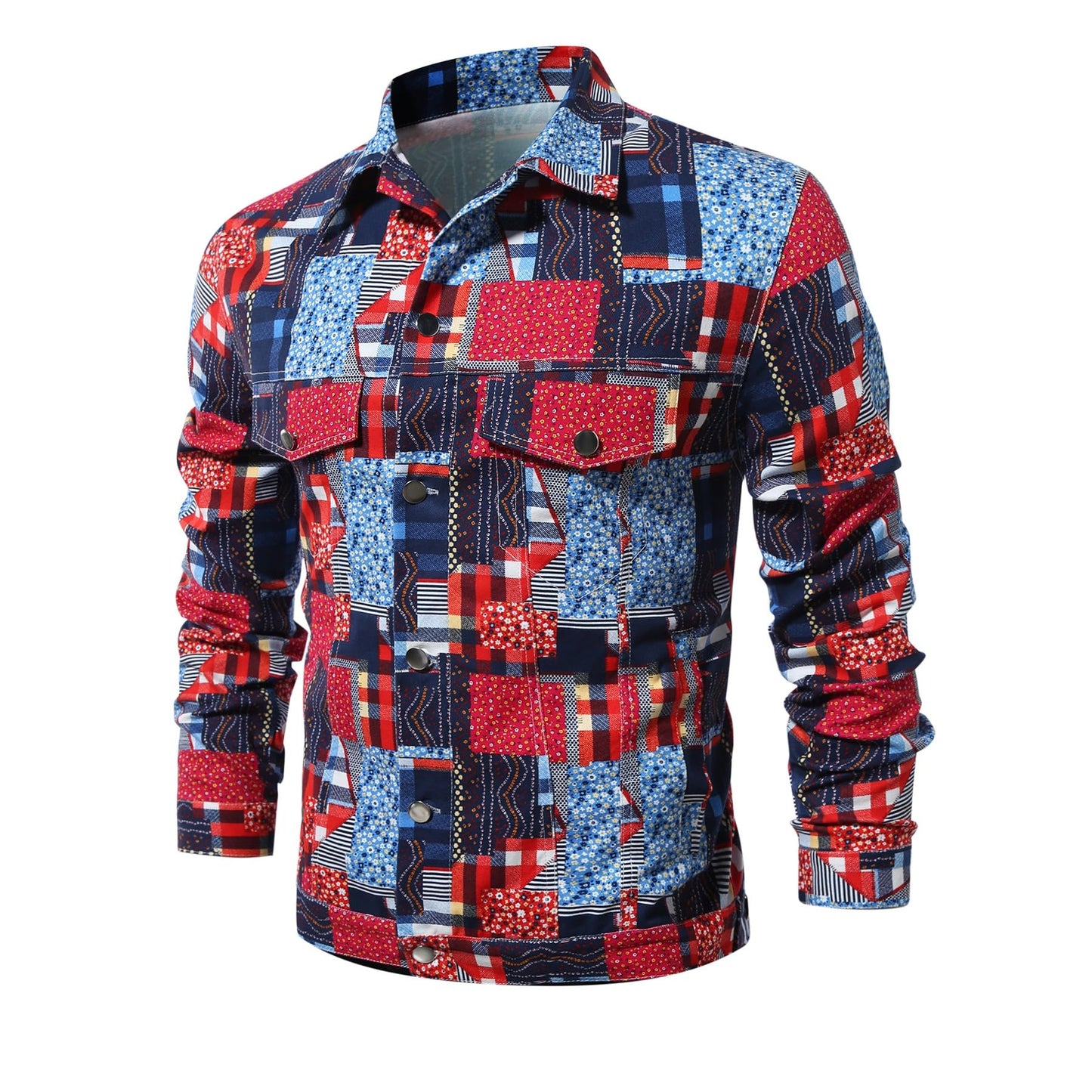 BYBNOLL Mens Denim Jacket Long Sleeve Western Cowboy Cut Classic Floral Print Button Down Jean Jacket