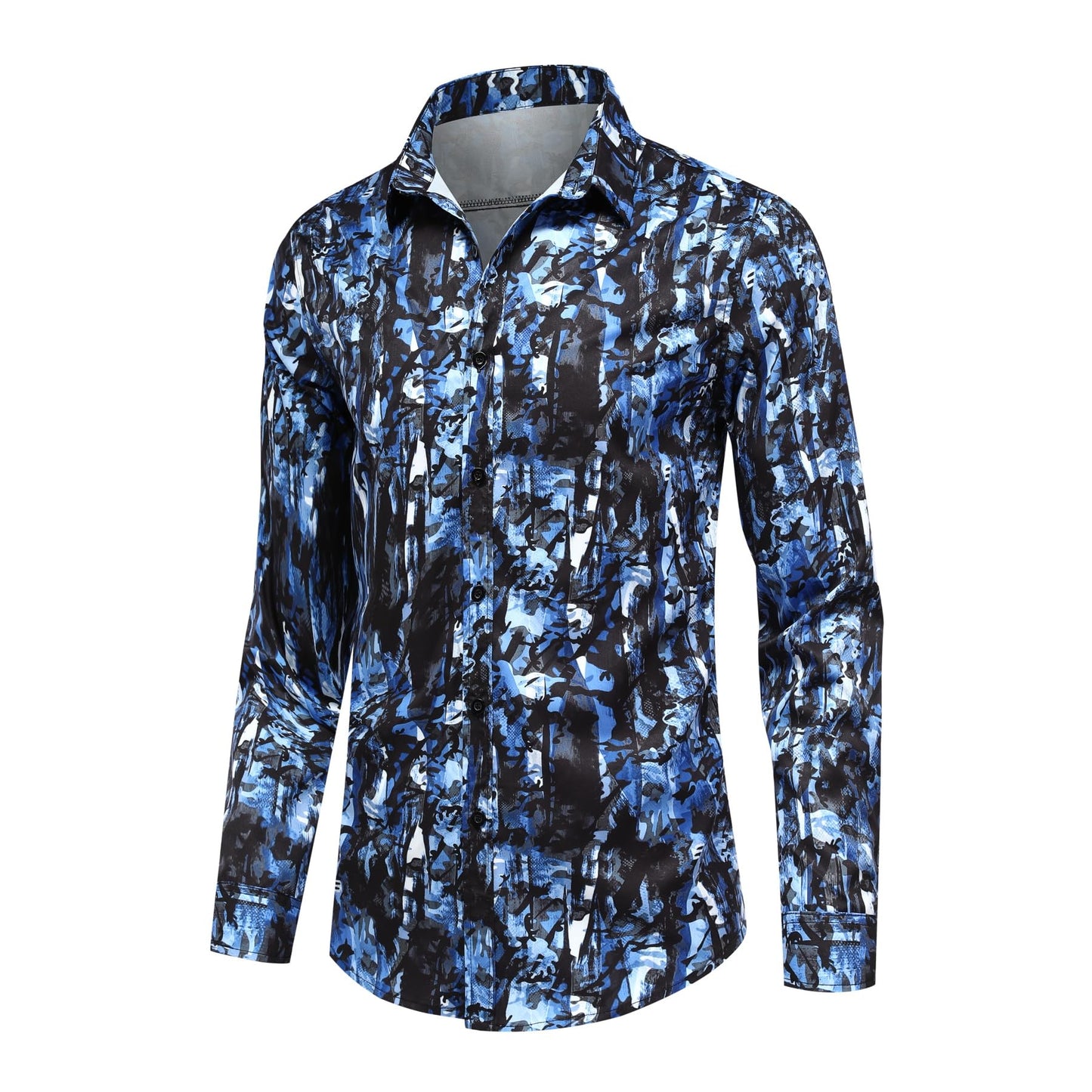 BYBNOLL Men's Casual Shirt Printed Long Sleeve Lapel Trendy Formal Business Comfortable Skin-Friendly Button Down Shirt Black Blue