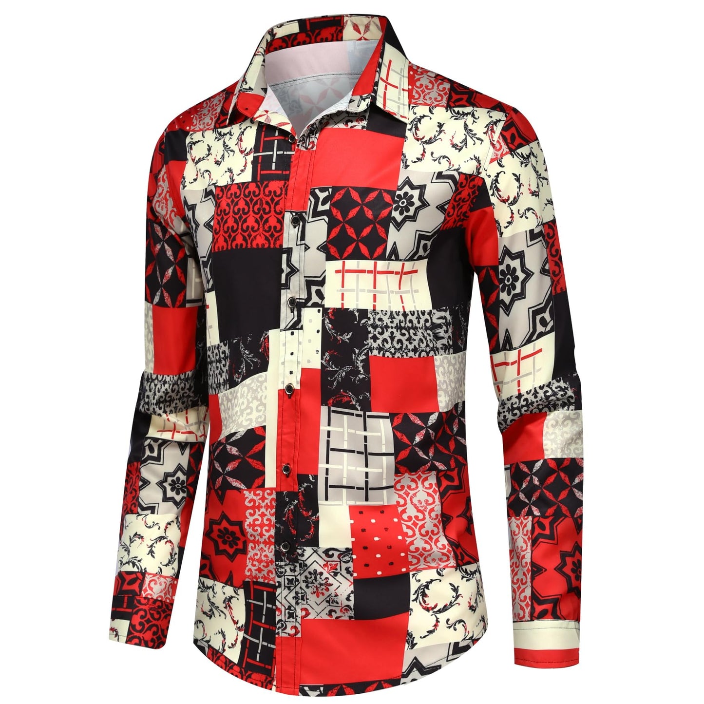 BYBNOLL Men's Casual Shirt Printed Long Sleeve Lapel Trendy Formal Business Comfortable Skin-Friendly Button Down Shirt Red Plaid