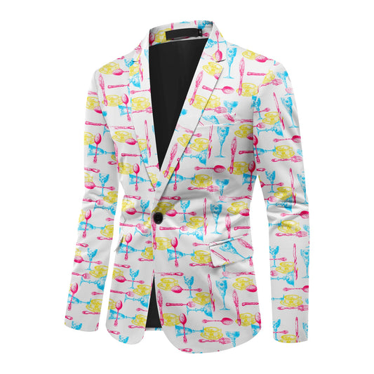 BYBNOLL Men's Blazer One Button Slim Fit Notched Lapel Print Sport Coat Suit Blazer Jacket White Yellow