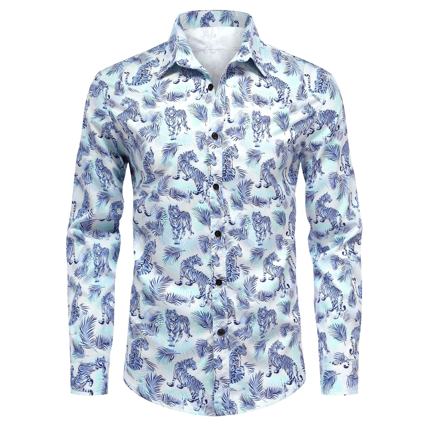 BYBNOLL Men's Casual Shirt Printed Long Sleeve Lapel Trendy Formal Business Comfortable Skin-Friendly Button Down Shirt White