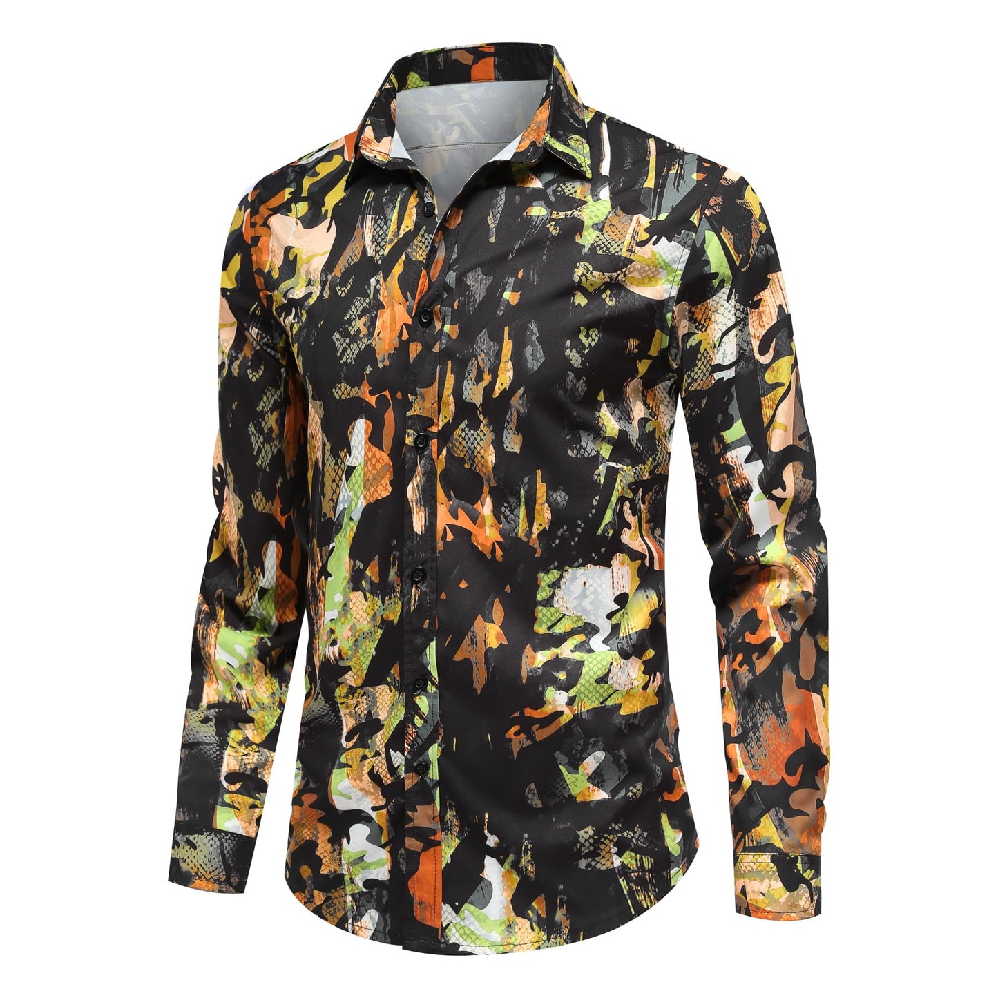 BYBNOLL Men's Casual Shirt Printed Long Sleeve Lapel Trendy Formal Business Comfortable Skin-Friendly Button Down Shirt Black Orange