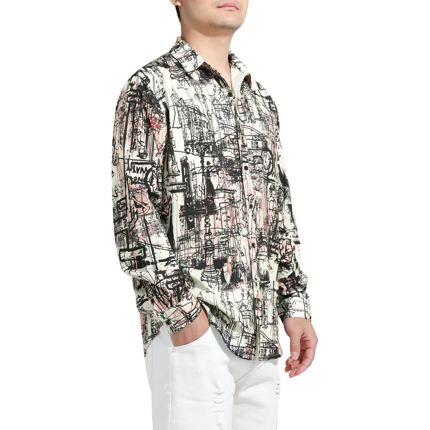 BYBNOLL Men's Casual Shirt Printed Long Sleeve Lapel Trendy Formal Business Comfortable Skin-Friendly Button Down Shirt Black White