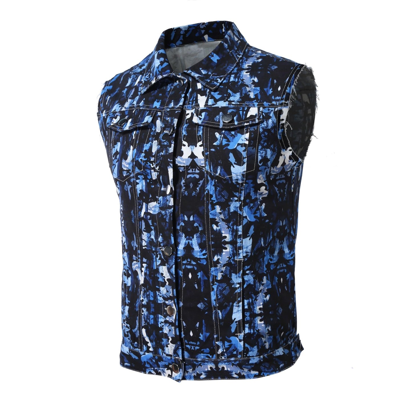 BYBNOLL Men's Denim Vest Sleeveless Casual Jean Vest Button Camouflage Print Jacket Outerwear Vest