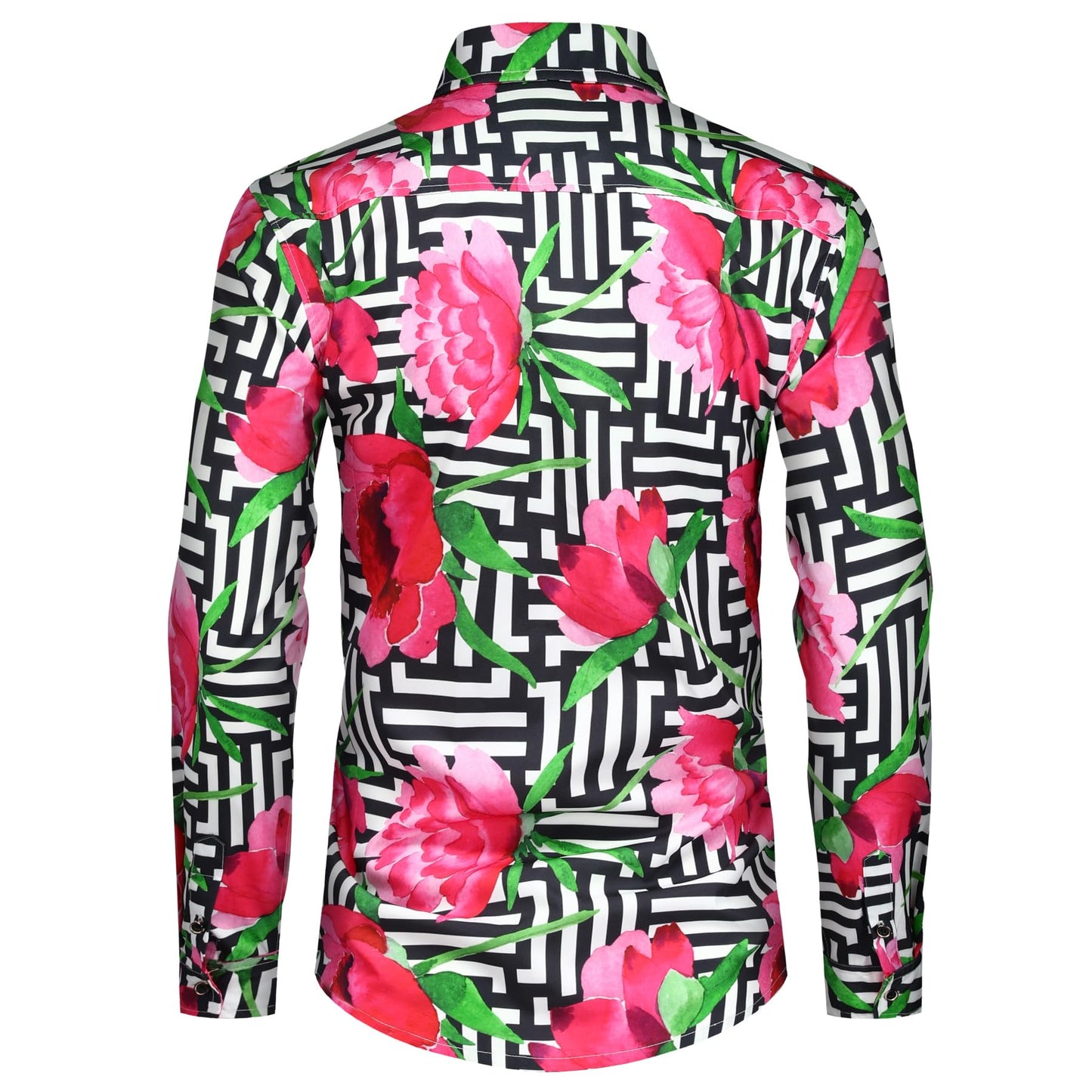 BYBNOLL Men's Casual Shirt Printed Long Sleeve Lapel Trendy Formal Business Comfortable Skin-Friendly Button Down Shirt Black Pink