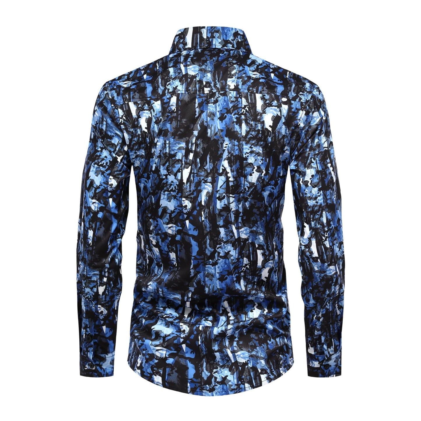 BYBNOLL Men's Casual Shirt Printed Long Sleeve Lapel Trendy Formal Business Comfortable Skin-Friendly Button Down Shirt Black Blue