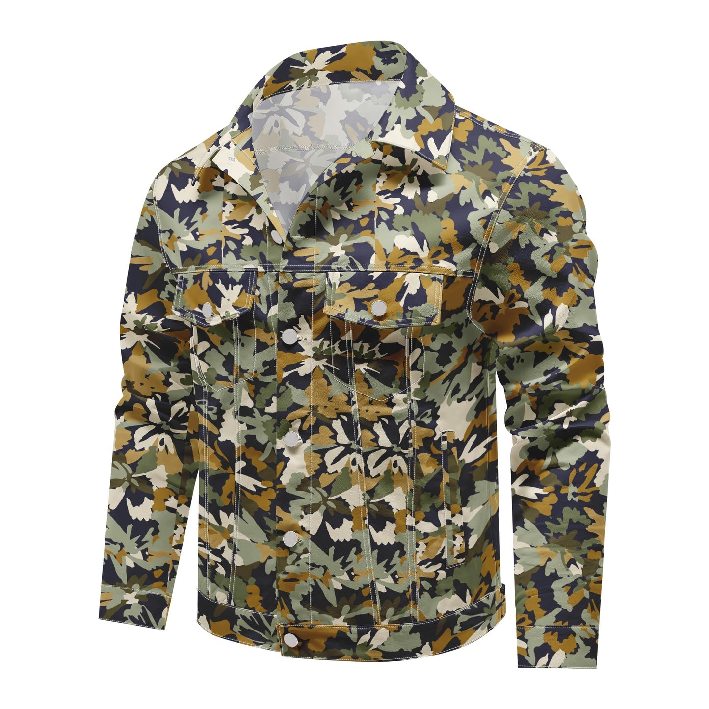 BYBNOLL Mens Denim Jacket Long Sleeve Western Cowboy Cut Classic Floral Print Button Down Jean Jacket