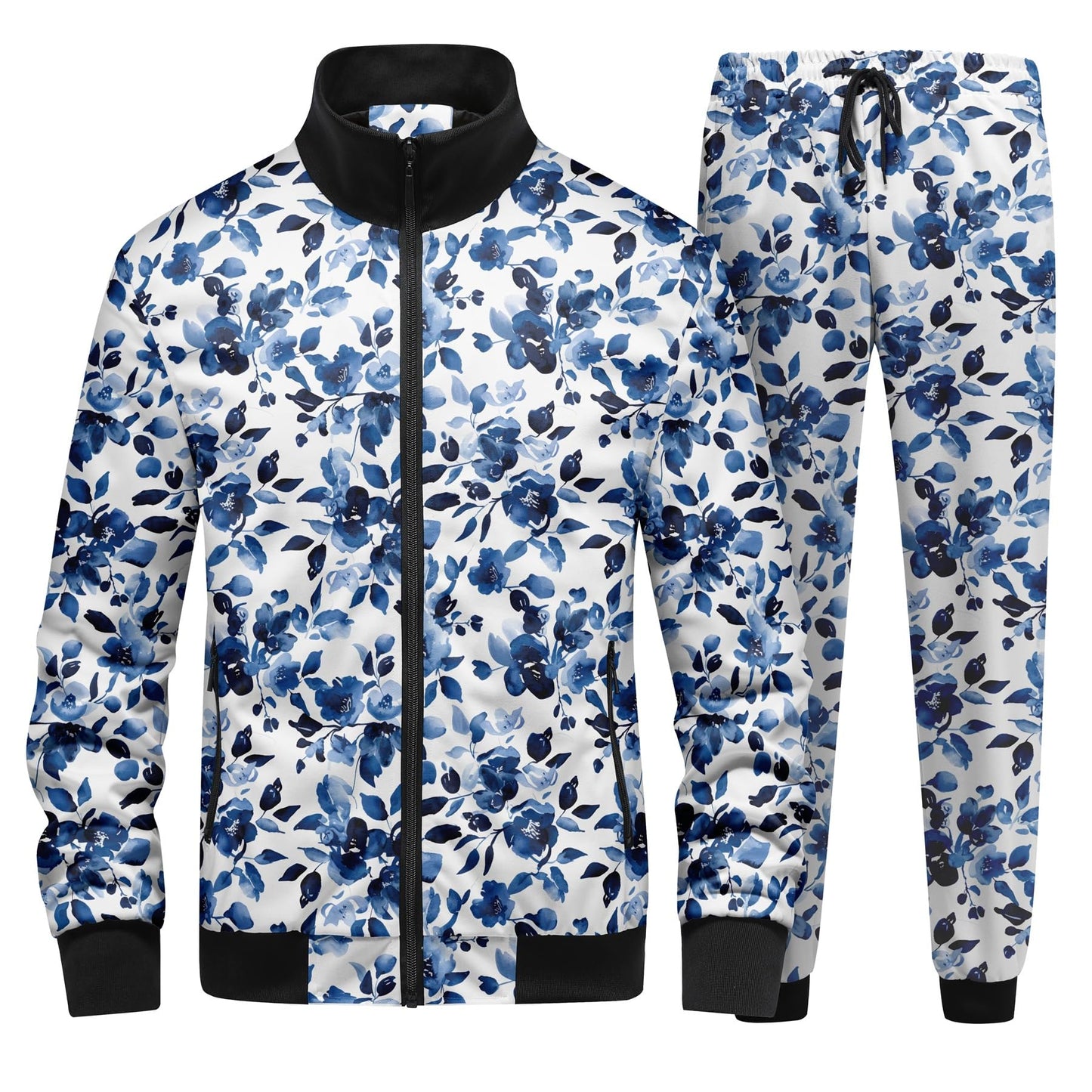 BYBNOLL Mens Tracksuit 2 Piece Set Full Zip Floral Print Casual Sport Sweatsuit Sets with Pockets