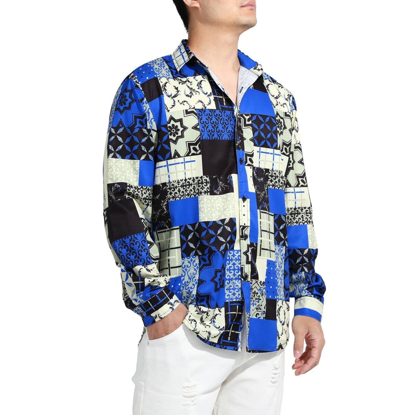 BYBNOLL Men's Casual Shirt Printed Long Sleeve Lapel Trendy Formal Business Comfortable Skin-Friendly Button Down Shirt Blue Plaid