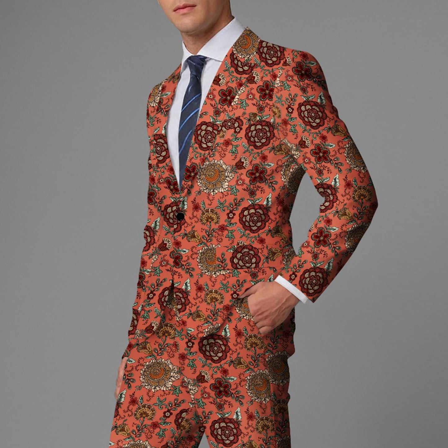 BYBNOLL Men's Blazer One Button Slim Fit Notched Lapel Print Sport Coat Suit Blazer Jacket Orange