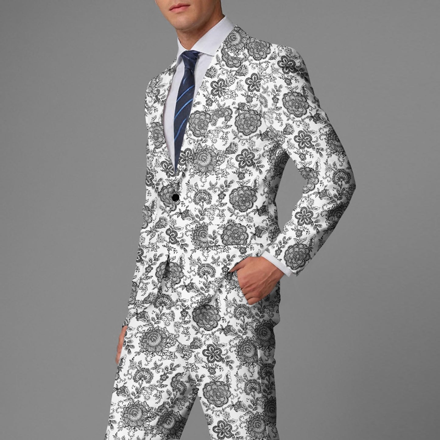 BYBNOLL Men's Blazer One Button Slim Fit Notched Lapel Print Sport Coat Suit Blazer Jacket White Gray